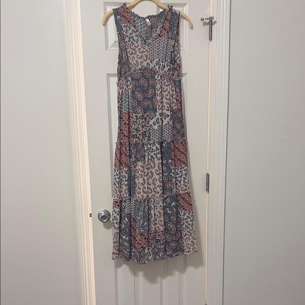 Boho Patchwork Maxi Dress in Blue and Brown